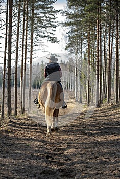 Woman horseback riding in forest parth photo