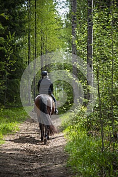 Woman horseback riding in forest path