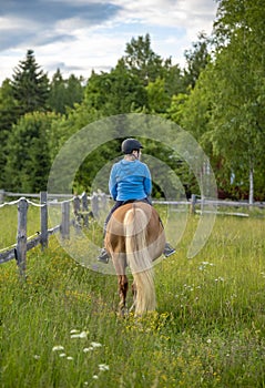 Woman horseback riding on meadow in summer