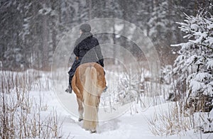 Woman horseback riding in winter snowfall photo