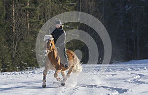 Woman horseback riding in winter