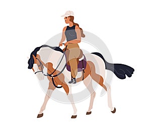 Woman horseriding. Female rider riding horseback. Equine walk, stroll. Girl equestrian on stallion, steed, sitting in