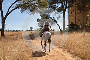 Woman horsewoman, young and beautiful, running at a trot with her horse, on a path with pine trees in the countryside. Concept