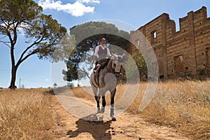 Woman horsewoman, young and beautiful, running at a trot with her horse, on a path with pine trees in the countryside. Concept