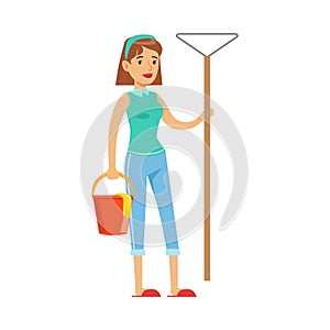 Woman Housewife With Bucket OF Water And Broom Ready To Clean, Classic Household Duty Of Staying-at-home Wife