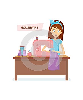 Woman housewife characters. Woman housewife knits, sews sitting at table.