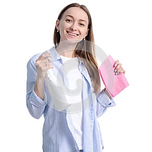 Woman housewife cleaning bottle spray rag in hand