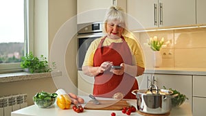 Woman housewife holds phone using cooking apps websites search recipes, chatting with friend during food preparation