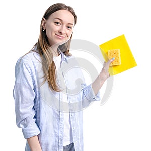 Woman housewife rag and cleaning sponge in hand