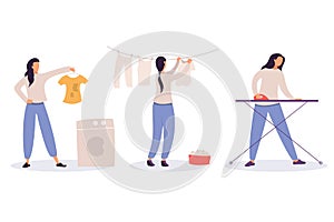 Woman at housework - laundry, drying and ironing of linen, girl washing dirty clothes, housekeeping and cleaning