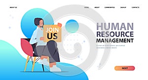 woman hr manager holding we are hiring join us poster vacancy open recruitment human resources