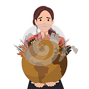 Woman hug poluted earth vector isolated. Save the earth concept. Girl holding a big globe. Nature lover, ecology friendly photo