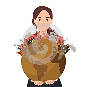 Woman hug poluted earth vector isolated. Save the earth concept. Girl holding a big globe. Nature lover, ecology friendly