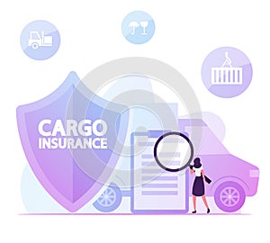 Woman with Huge Magnifying Glass Reading Contract for Cargo Insurance Service near Shield Symbol and Shipping Truck