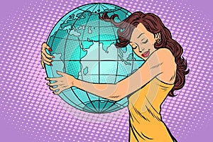 Woman hugging the earth continent of Africa and Eurasia