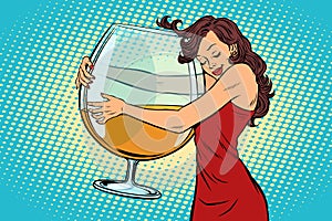 Woman hugging a glass of wine