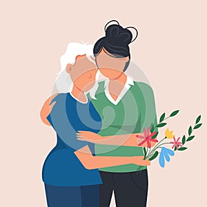 Woman hugging her mother. Family love. Mothers Day greeting card.