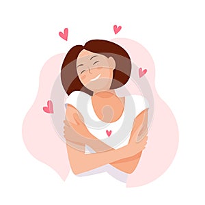 Woman hugging herself with hearts on white background. Love yourself. Love your body concept. Vector illustration.