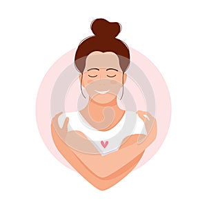 Woman hugging herself with hearts on white background. Love yourself. Love your body concept. Vector illustration.