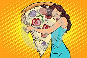 Woman hugging a pizza