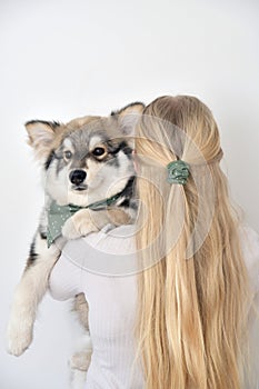 A woman hugging puppy Finnish Lapphund dog