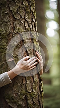 Woman hugging a tree in the forest