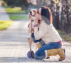 Woman hugs her favorite pet photo