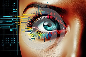 Woman human vision female concept futuristic digital technology look iris face science eye