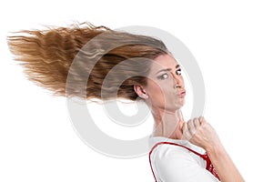 Woman with hurry-blown hair