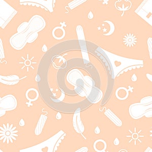 Woman hygiene seamless pattern. Menstruation elements. Pads, pants and tampons, drops and cotton signs. Vector female