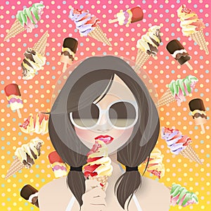 Woman ice cream lover on ice cream background