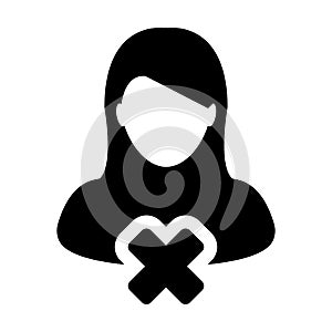 Woman icon vector delete female user account person profile avatar with close symbol in flat color glyph pictogram