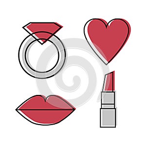 Woman icons vector set of four symbol - ring, heart, lips, lipstick