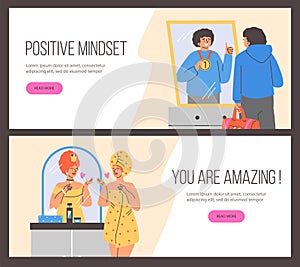 Woman imagines herself as a queen in her reflection in the mirror, guy imagines himself a winner vector landing page