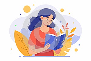 A woman immersed in reading a book while sitting surrounded by autumn leaves, Woman is reading a guidebook, Simple and minimalist photo