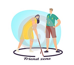 Woman and Importunate Suitor in Friend Zone Concept. Man Fall in Love Trying to Attract Girl. Female Drawing Circle photo