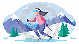 A woman incorporating VR skiing into her exercise routine immersing herself in a snowy mountain landscape during a break photo