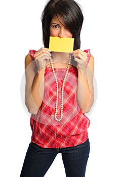 Woman with index card