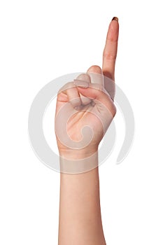 Woman index finger on a white background