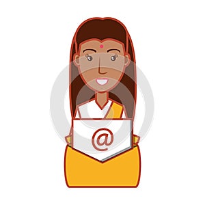 Woman indian and envelope mail with arroba symbol photo