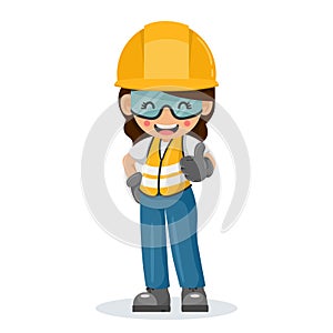 Woman industrial construction worker wearing personal protective equipment giving a thumbs up. Engineer with safety helmet.