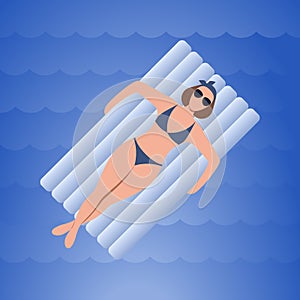 Woman with inflatable air mattress on blue waves background. Beautiful girl swim in ocean, sea, pool. Marine background with copy