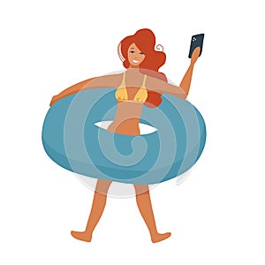 Woman with inflatable circle isolated on whote background. Vacation relax, sexy bikini girl and hot sunny day making selfie. Flat