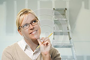 Woman Inside Room with New Sheetrock Drywall