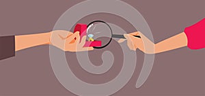 Woman Inspecting Engagement Ring with a Magnifying Glass Vector Cartoon