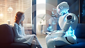 A woman interact with artificial intelligence robot in the living room, future technology concept. Generative AI