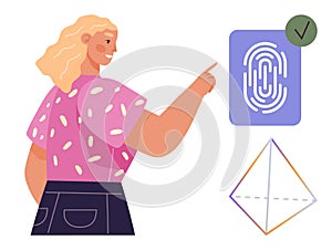 Woman Interacting with Biometric Fingerprint Authentication System Concept