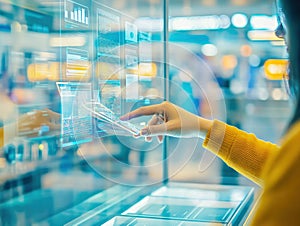Woman Interacting with Transparent Augmented Reality Interface Displaying Data Charts