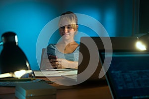 Woman Interior Designer Texting Phone Working Late At Night