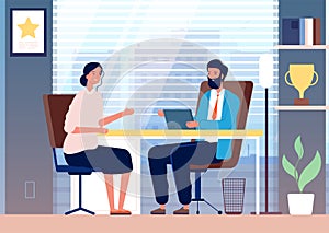 Woman interview. Female business girl employment recruiting in office boss sitting vector character